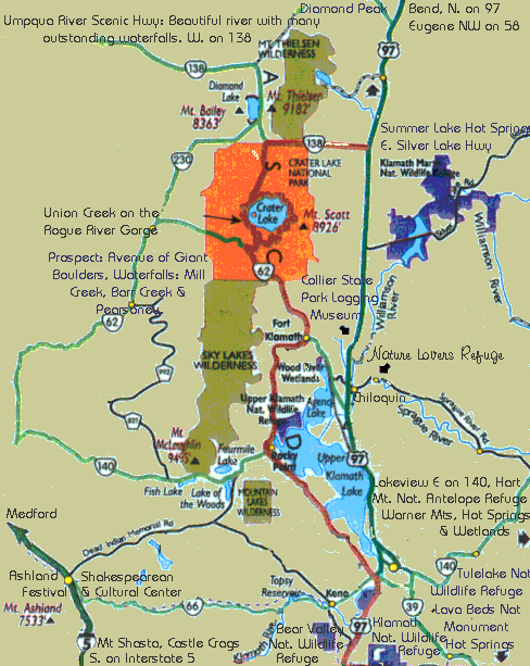 map of the area surrounding the nature retreat in southern oregon near crater lake national park: tree houses and cabins on the river in the forest.
